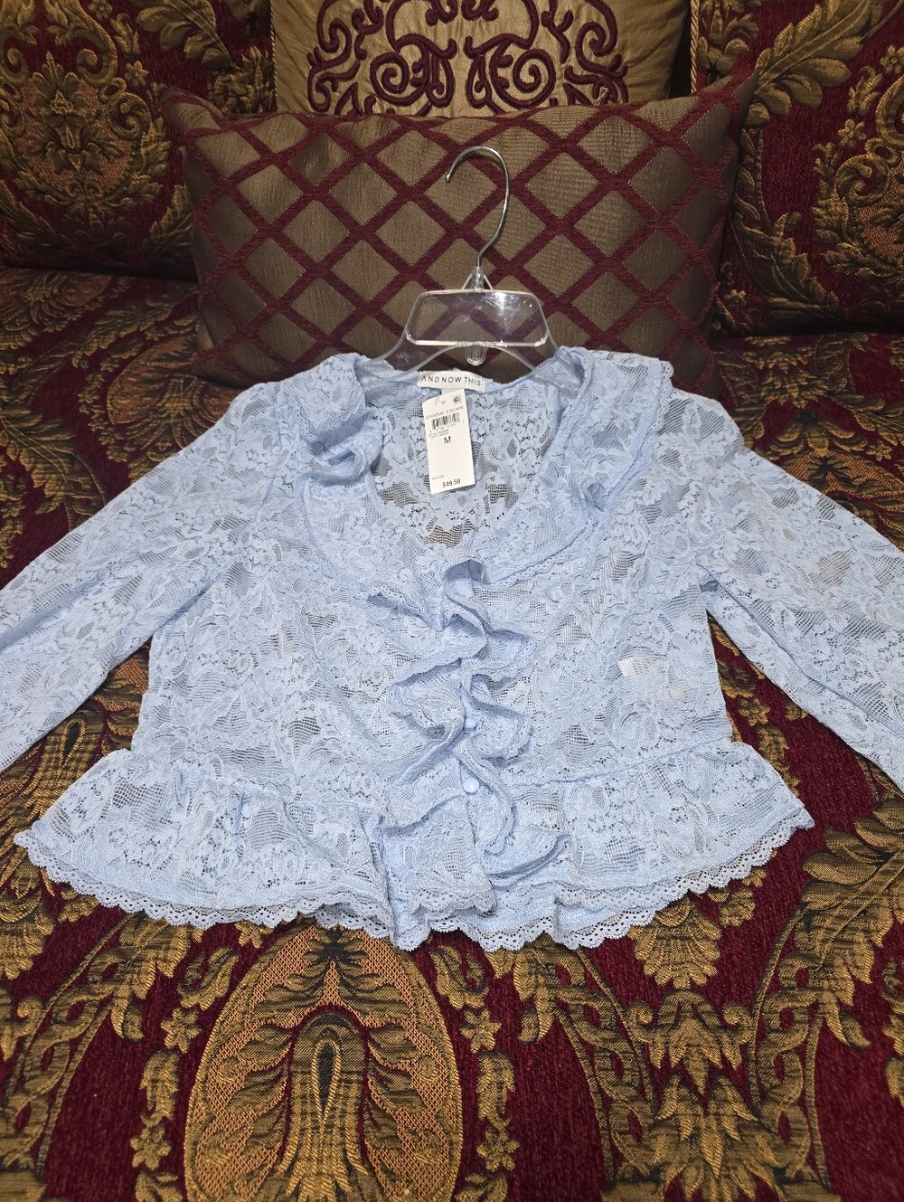 Sheer Lace Ruffle-Trim Blouse - Light Blue - Picture 3 of 11